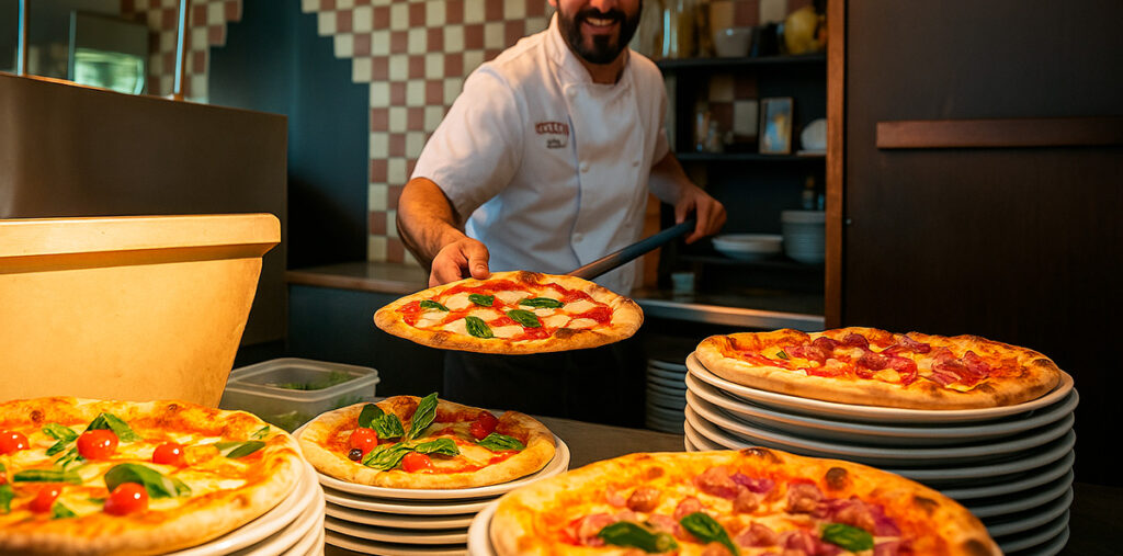 Interno di un ristorante italiano con chef che serve pizze artigianali