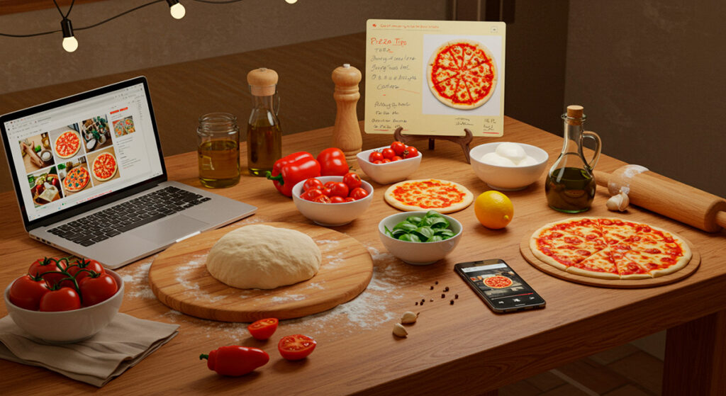 Tavolo da cucina con ingredienti freschi, impasto per pizza e un blog aperto con ricette e consigli per la pizza fatta in casa
